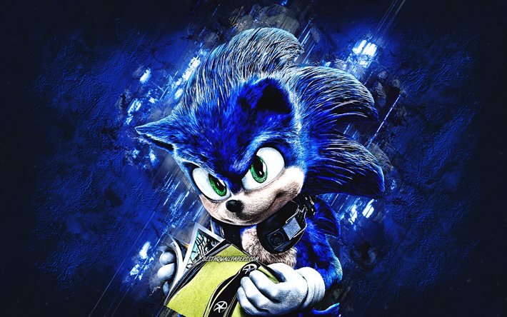 Sonic, characters, Sonic the Hedgehog, blue stone background, creative art, Sonic character