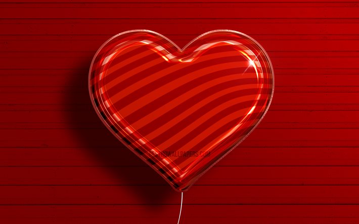 Red 3D Heart, 4k love concepts, artwork, red wooden background, red heart realistic balloons, heart shaped balloon, 3D art, red hearts, creative, hearts