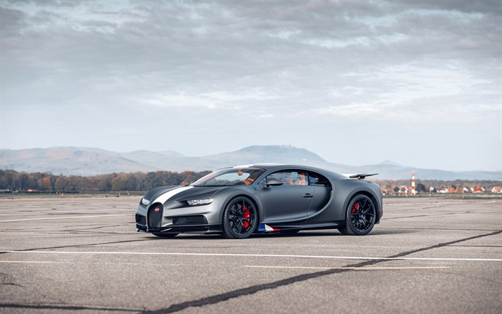 2021, Bugatti Chiron Sport, Les Legendes du Ciel, hypercar, coche de lujo, gris mate Chiron, bandera de Francia, supercars, Bugatti