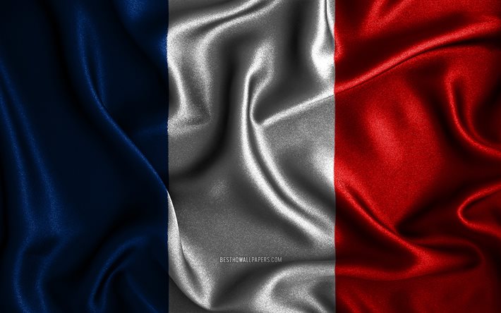 Bandiera francese, 4K, bandiere ondulate di seta, paesi europei, simboli nazionali, bandiera della Francia, bandiere in tessuto, bandiera Francia, arte 3D, Francia, Europa, bandiera 3D Francia