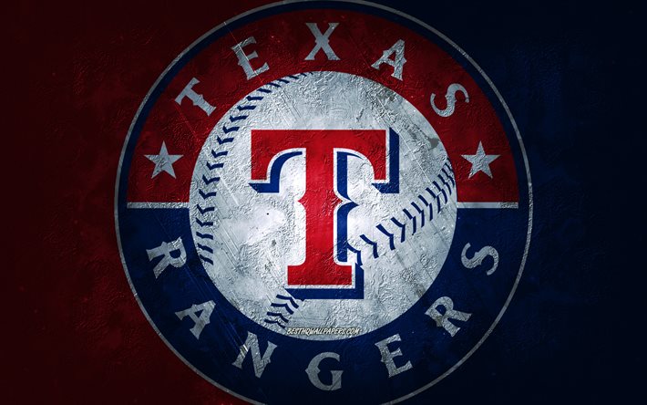 texas rangers, amerikanisches baseballteam, blauer roter steinhintergrund, texas rangers-logo, mlb, baseball, usa, texas rangers-emblem