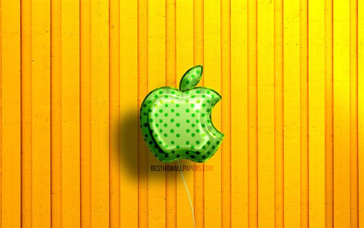 Logotipo de Apple 3D, 4K, globos realistas verdes, fondos de madera amarillos, marcas, logotipo de Apple, Apple