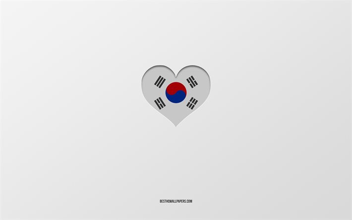 Amo la Corea del Sud, i paesi asiatici, la Corea del Sud, lo sfondo grigio, il cuore della bandiera della Corea del Sud, il paese preferito, Love South Korea