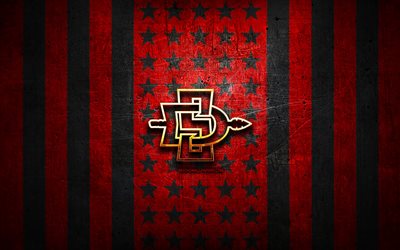 San Diego State Aztecs flag, NCAA, red black metal background, american football team, San Diego State Aztecs logo, USA, american football, golden logo, San Diego State Aztecs