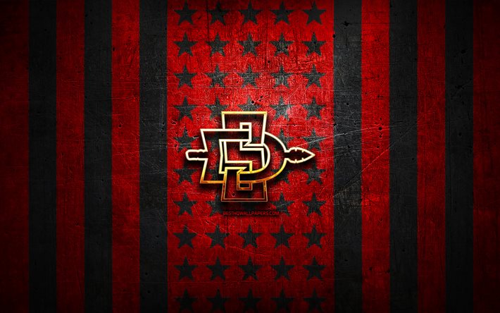 Bandeira do San Diego State Aztecs, NCAA, fundo vermelho e preto met&#225;lico, time de futebol americano, logotipo do San Diego State Aztecs, EUA, futebol americano, logotipo dourado, San Diego State Aztecs