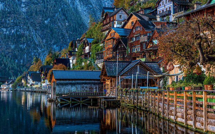 Lake Hallstatt, 4k, austrian landmarks, mountains, summer, Alps, Austria, Hallstatt, Europe, beautiful nature