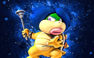Ludwig von Koopa, 4k, dinosauro dei cartoni animati, luci al neon blu, Super Mario, creativo, personaggi di Super Mario, Ludwig von Koopa Super Mario