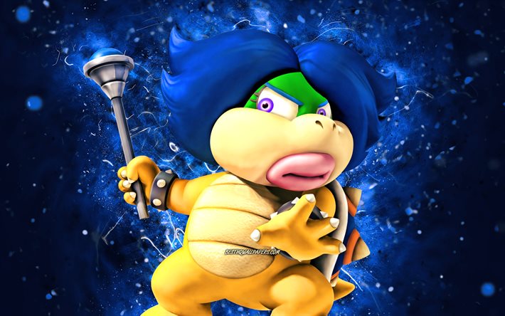 Ludwig von Koopa, 4k, dinossauro de desenho animado, luzes de n&#233;on azuis, Super Mario, criativo, personagens do Super Mario, Ludwig von Koopa Super Mario