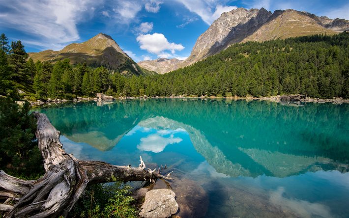 サオゼオ湖, 4k, 青い湖, 山地, 夏。, スイスの湖, ポスキアボ, グラウビュンデン州switzerlandkgm, アルプス山脈, スイス, 美しい自然