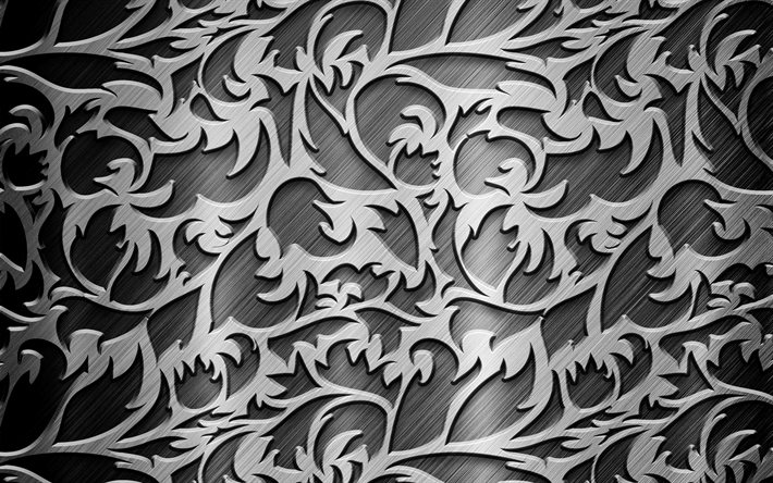 silver vintage background, 4k, metal floral pattern, floral ornaments, vintage floral pattern, background with ornaments, floral patterns, gray backgrounds