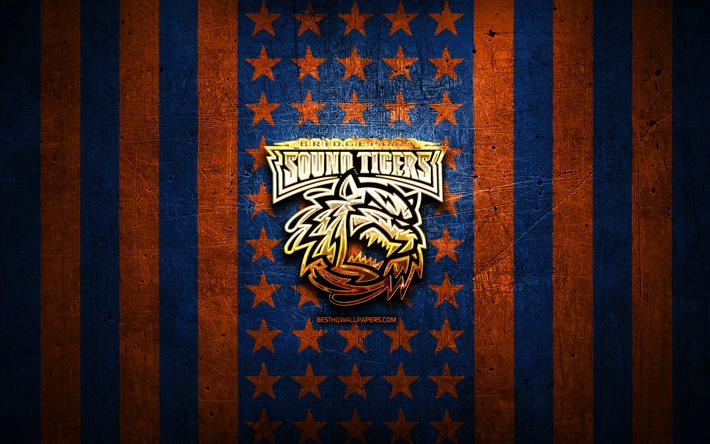 Bridgeport Sound Tigers flag, AHL, orange blue metal background, american hockey team, Bridgeport Sound Tigers logo, USA, hockey, golden logo, Bridgeport Sound Tigers