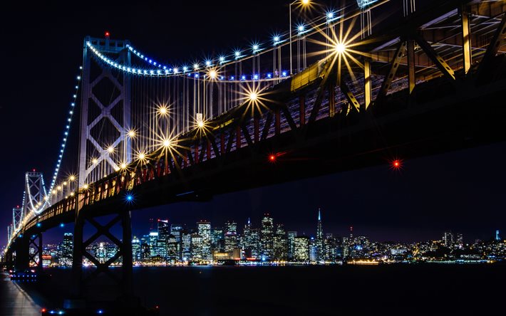 Bay Bridge, horizonte de S&#227;o Francisco, noite, San Francisco-Oakland Bay Bridge, S&#227;o Francisco, paisagem urbana, Calif&#243;rnia, EUA