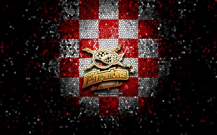 Piratas de Campeche, glitter logo, LMB, red white checkered background, mexican baseball team, Piratas de Campeche logo, Mexican Baseball League, mosaic art, baseball, Mexico