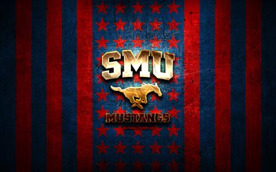 SMU Mustangs flag, NCAA, red blue metal background, american football team, SMU Mustangs logo, USA, american football, golden logo, SMU Mustangs