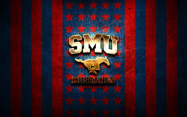 Bandiera SMU Mustang, NCAA, sfondo rosso blu in metallo, squadra di football americano, logo SMU Mustangs, USA, football americano, logo dorato, Mustang SMU