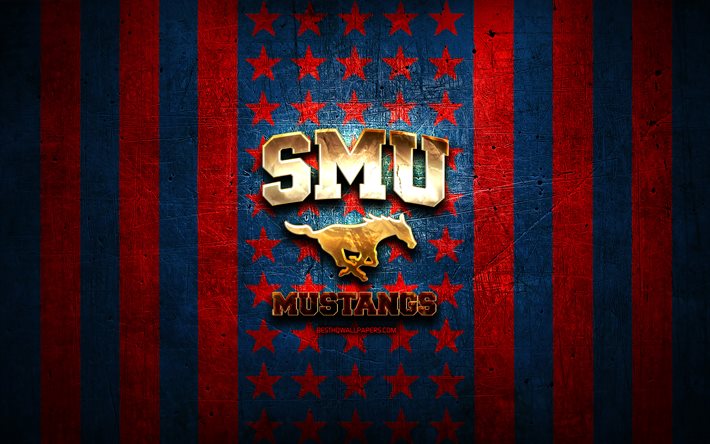 SMU Mustangs-flagga, NCAA, r&#246;dbl&#229; metallbakgrund, amerikansk fotbollslag, SMU Mustangs-logotyp, USA, amerikansk fotboll, gyllene logotyp, SMU Mustangs