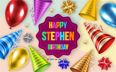Happy Birthday Stephen, 4k, Birthday Balloon Background, Stephen, creative art, Happy Stephen birthday, silk bows, Stephen Birthday, Birthday Party Background