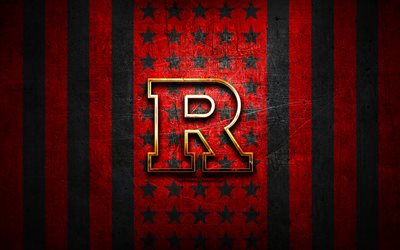 Rutgers Scarlet Knights flag, NCAA, red black metal background, american football team, Rutgers Scarlet Knights logo, USA, american football, golden logo, Rutgers Scarlet Knights