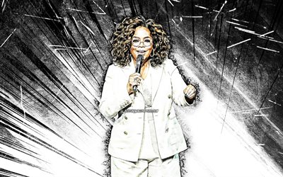 4k, Oprah Winfrey, grunge art, Hollywood, american actress, movie stars, Oprah Gail Winfrey, white abstract rays, american celebrity, Oprah Winfrey 4K