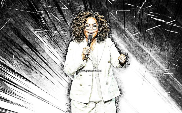 4k, Oprah Winfrey, grunge art, Hollywood, amerikalı aktris, film yıldızları, Oprah Gail Winfrey, beyaz soyut ışınlar, amerikan &#252;nl&#252;, Oprah Winfrey 4K