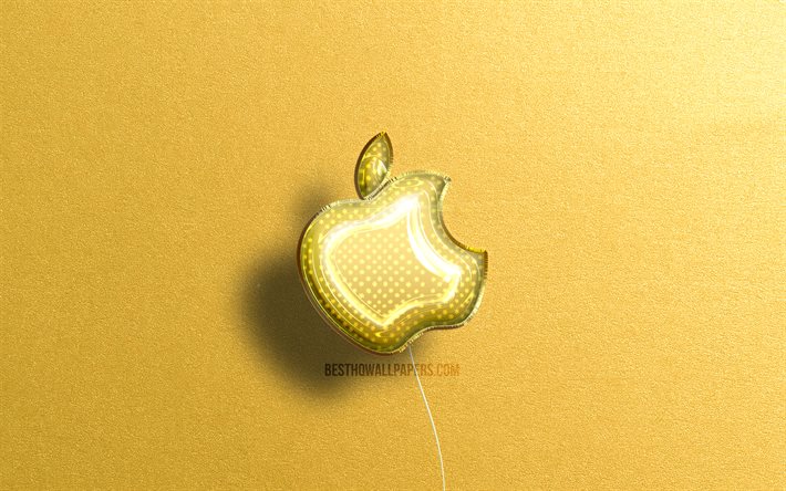 Apple3Dロゴ, 黄色のリアルな風船, 4k, ブランド, Appleロゴ, 黄色い石の背景, Apple（アップル）