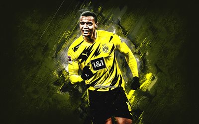 Manuel Akanji, Borussia Dortmund, BVB, swiss soccer player, yellow stone background, football, Bundesliga, Germany