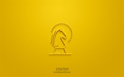 Icona di strategia 3d, sfondo giallo, simboli 3d, strategia, icone di affari, icone 3d, segno di strategia, icone di affari 3d