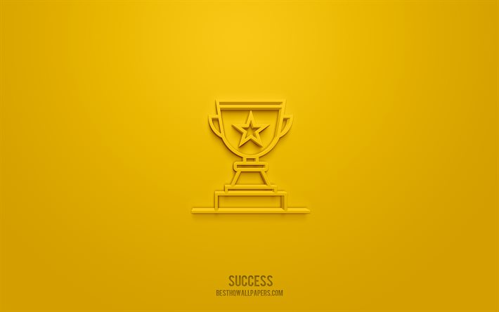 Menestyksen 3d-kuvake, keltainen tausta, 3D-symbolit, Menestys, Palkintokuvakkeet, 3D-kuvakkeet, Menestysmerkki, Liiketoiminnan 3d-kuvakkeet