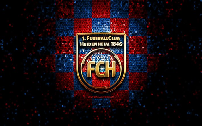 Heidenheim FC, glitterlogotyp, Bundesliga 2, r&#246;dbl&#229; rutig bakgrund, fotboll, VfL Osnabruck, tysk fotbollsklubb, FC Heidenheim-logotyp, mosaikkonst, FC Heidenheim