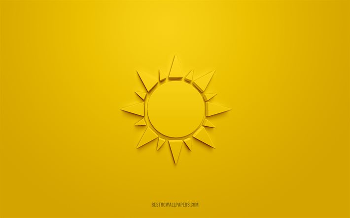 Icona sole 3d, sfondo giallo, simboli 3d, sole, icone meteo, icone 3d, segno solare, icone meteo 3d