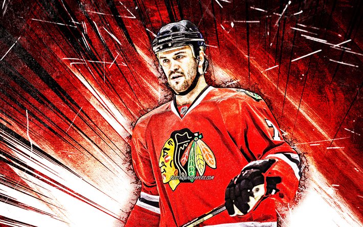 4k, Brent Seabrook, grunge art, Chicago Blackhawks, NHL, hockey players, red abstract rays, Brent Seabrook 4K, hockey, Brent Seabrook Chicago Blackhawks