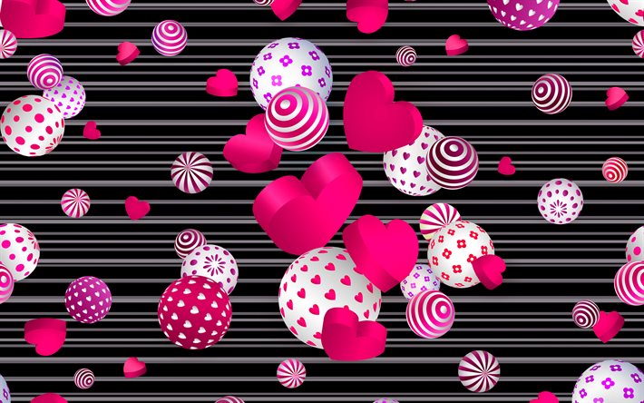pink 3D hearts, 4k, creative, pink abstract background, love concepts, background with hearts