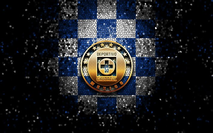 Cruz Azul FC, glitter logo, Liga MX, blue white checkered background, soccer, mexican football club, Cruz Azul logo, mosaic art, football, Cruz Azul