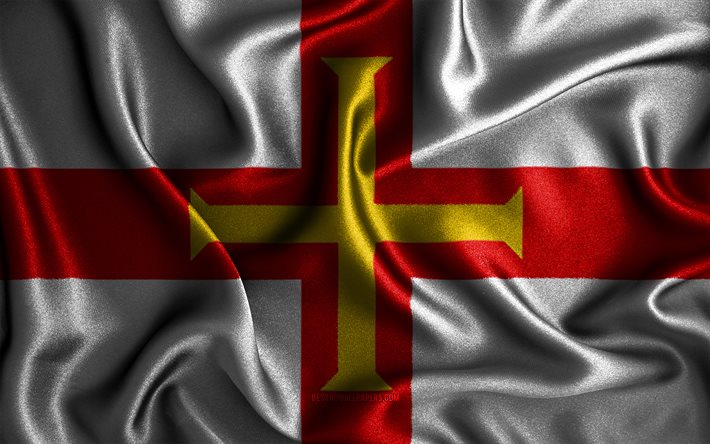 Bandiera di Guernsey, 4k, bandiere ondulate di seta, paesi europei, Isole del Canale, simboli nazionali, bandiere in tessuto, arte 3D, Guernsey, Europa, Bandiera 3D di Guernsey