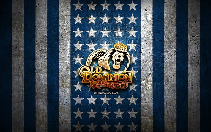 Old Dominion Monarchs flag, NCAA, blue white metal background, american football team, Old Dominion Monarchs logo, USA, american football, golden logo, Old Dominion Monarchs