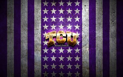 TCU Horned Frogs flag, NCAA, violet white metal background, american football team, TCU Horned Frogs logo, USA, american football, golden logo, TCU Horned Frogs