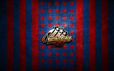 Rochester Americans flag, AHL, red blue metal background, american hockey team, Rochester Americans logo, USA, hockey, golden logo, Rochester Americans