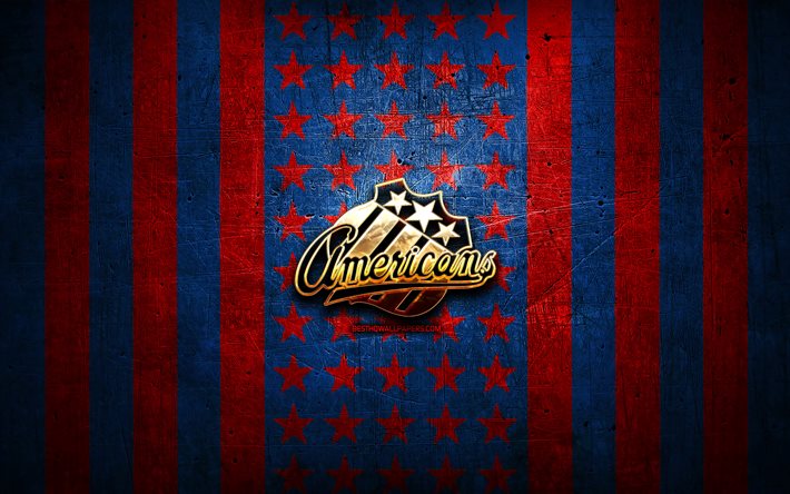 Rochester Americans flag, AHL, red blue metal background, american hockey team, Rochester Americans logo, USA, hockey, golden logo, Rochester Americans
