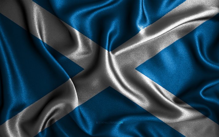 Bandeira escocesa, 4k, bandeiras onduladas de seda, pa&#237;ses europeus, s&#237;mbolos nacionais, bandeira da Esc&#243;cia, bandeiras de tecido, arte 3D, Esc&#243;cia, Europa, Bandeira 3D da Esc&#243;cia