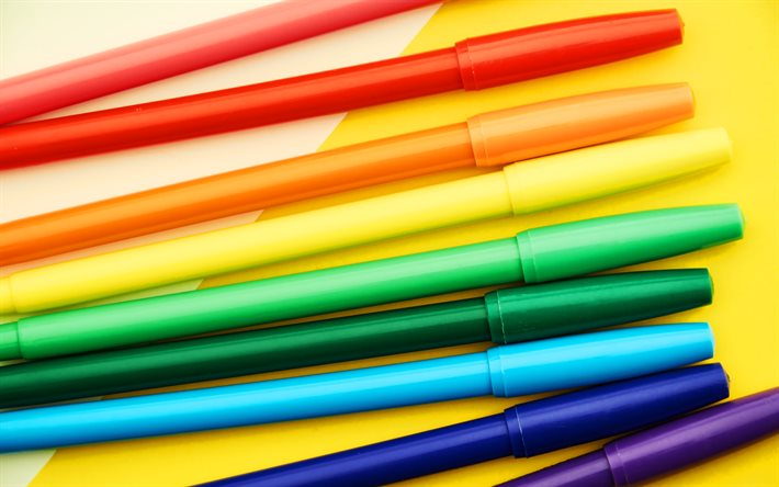 marqueurs multicolores, 4K, macro, fournitures scolaires, dessin, concepts artistiques, stylos &#224; pointe de feutre multicolores