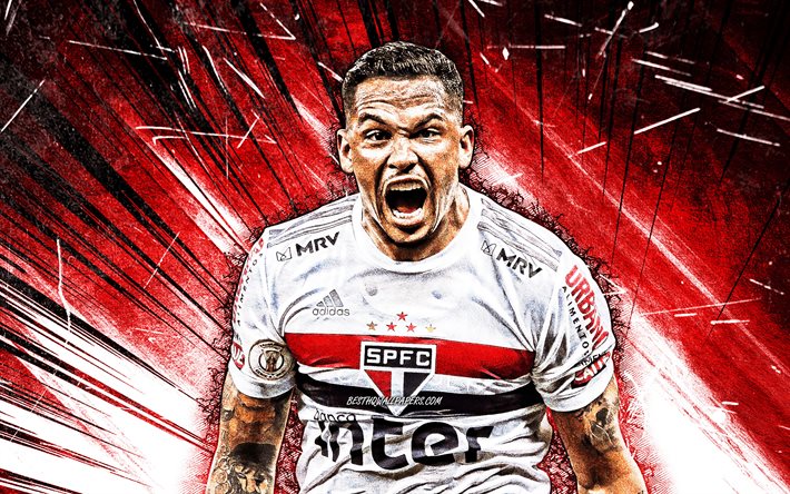 4k, Luciano Neves, grunge art, SPFC, brazilian footballers, Sao Paulo FC, Luciano, soccer, Luciano da Rocha Neves, Brazilian Serie A, football, red abstract rays, Brazil, Luciano Neves 4K
