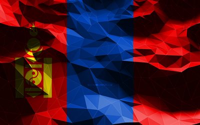 4k, Mongolian flag, low poly art, Asian countries, national symbols, Flag of Mongolia, 3D flags, Mongolia flag, Mongolia, Asia, Mongolia 3D flag