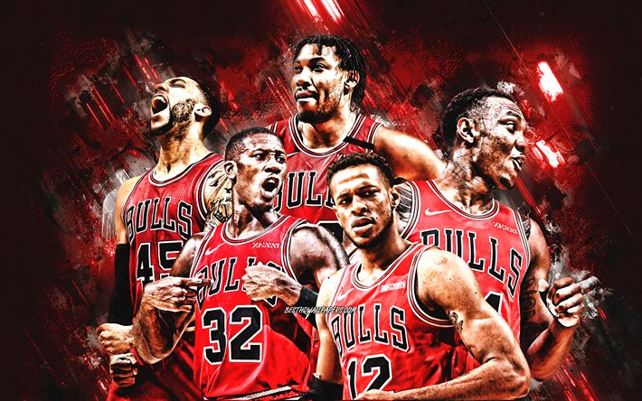 Chicago Bulls, NBA, basketball team, red stone background, basketball, Zachary LaVine, Patrick Williams, Coby White