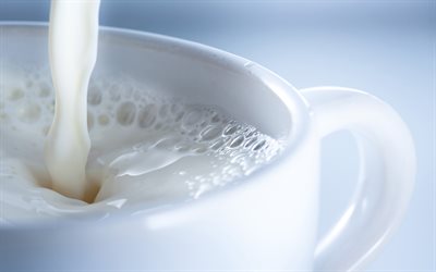 cup of milk, 4k, macro, white cup, drinks, milk, close-up, cup with milk