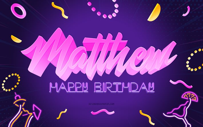 Grattis p&#229; f&#246;delsedagen Matthew, 4k, Purple Party Bakgrund, Matthew, kreativ konst, Happy Matthew f&#246;delsedag, Matthew namn, Matthew F&#246;delsedag, F&#246;delsedagsfest Bakgrund