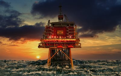 oil platform, storm, North Sea, gas production platform, big waves, evening, sunset