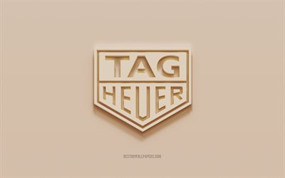 Logo TAG Heuer, sfondo in gesso marrone, logo TAG Heuer 3d, marchi, emblema TAG Heuer, arte 3d, TAG Heuer