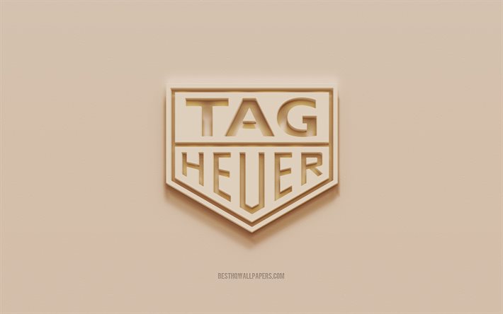 Logo TAG Heuer, fond en pl&#226;tre brun, logo TAG Heuer 3d, marques, embl&#232;me TAG Heuer, art 3d, TAG Heuer