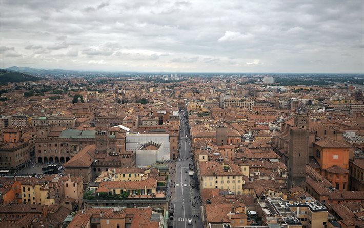Bologna, italiensk stad, kv&#228;ll, solnedg&#229;ng, Bologna panorama, Bologna stadsbild, Emilia-Romagna, Italien