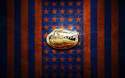 Florida Gators flag, NCAA, blue orange metal background, american football team, Florida Gators logo, USA, american football, golden logo, Florida Gators